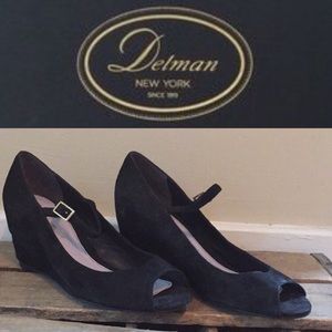 Delman black suede wedge Mary Jane Heels